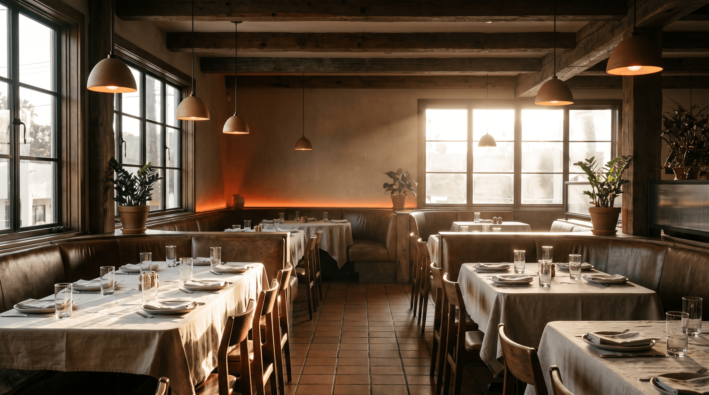 Web designer restaurant LA project featuring an intimate dining room at golden hour built for online bookings