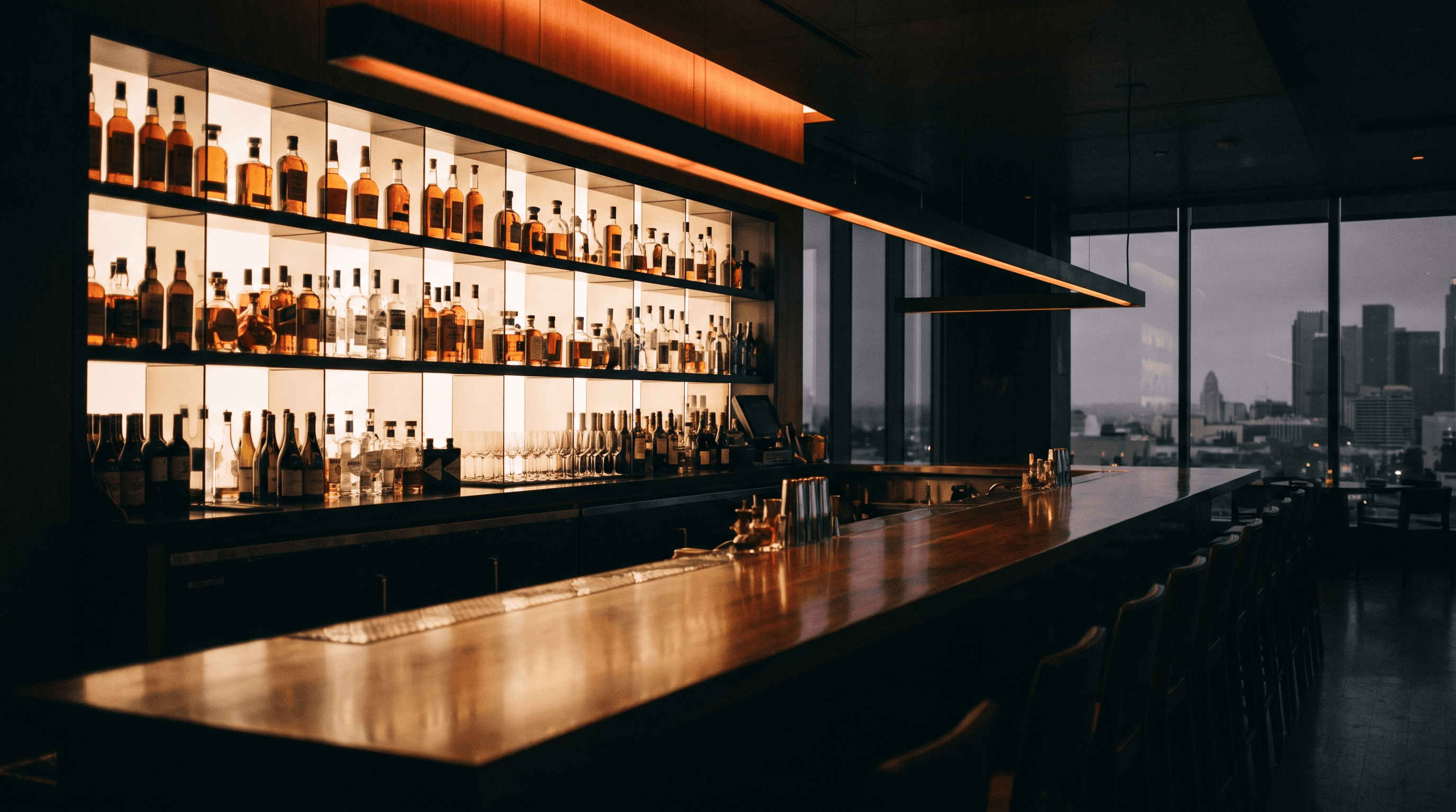 Web design for a Los Angeles restaurant showing a modern bar area at dusk