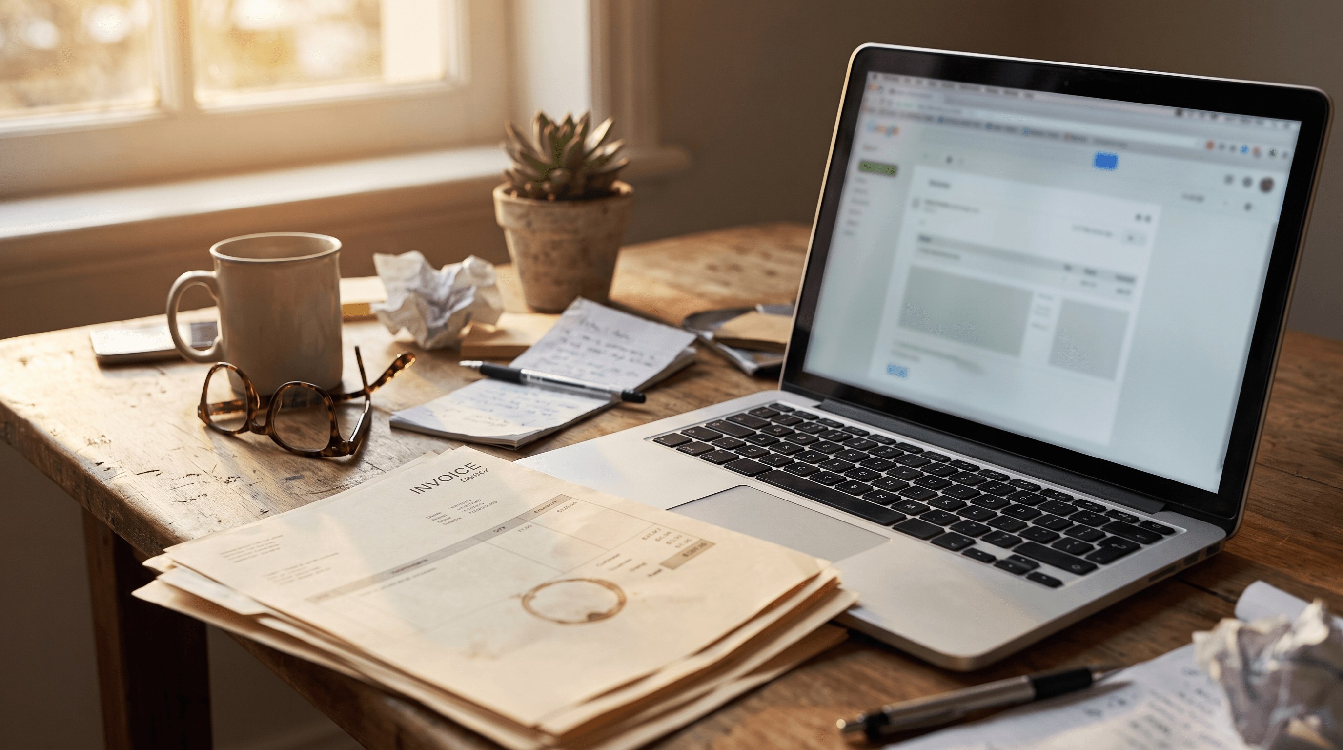 A small business desk with a stack of invoices, reading glasses and an open laptop showing a billing page