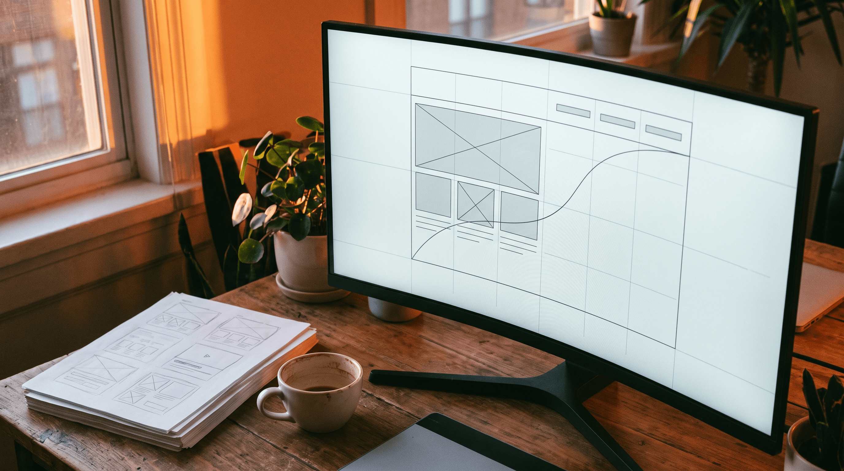 Web design and SEO project workspace at golden hour with a wireframe layout on screen and hand-sketched layout notes on paper