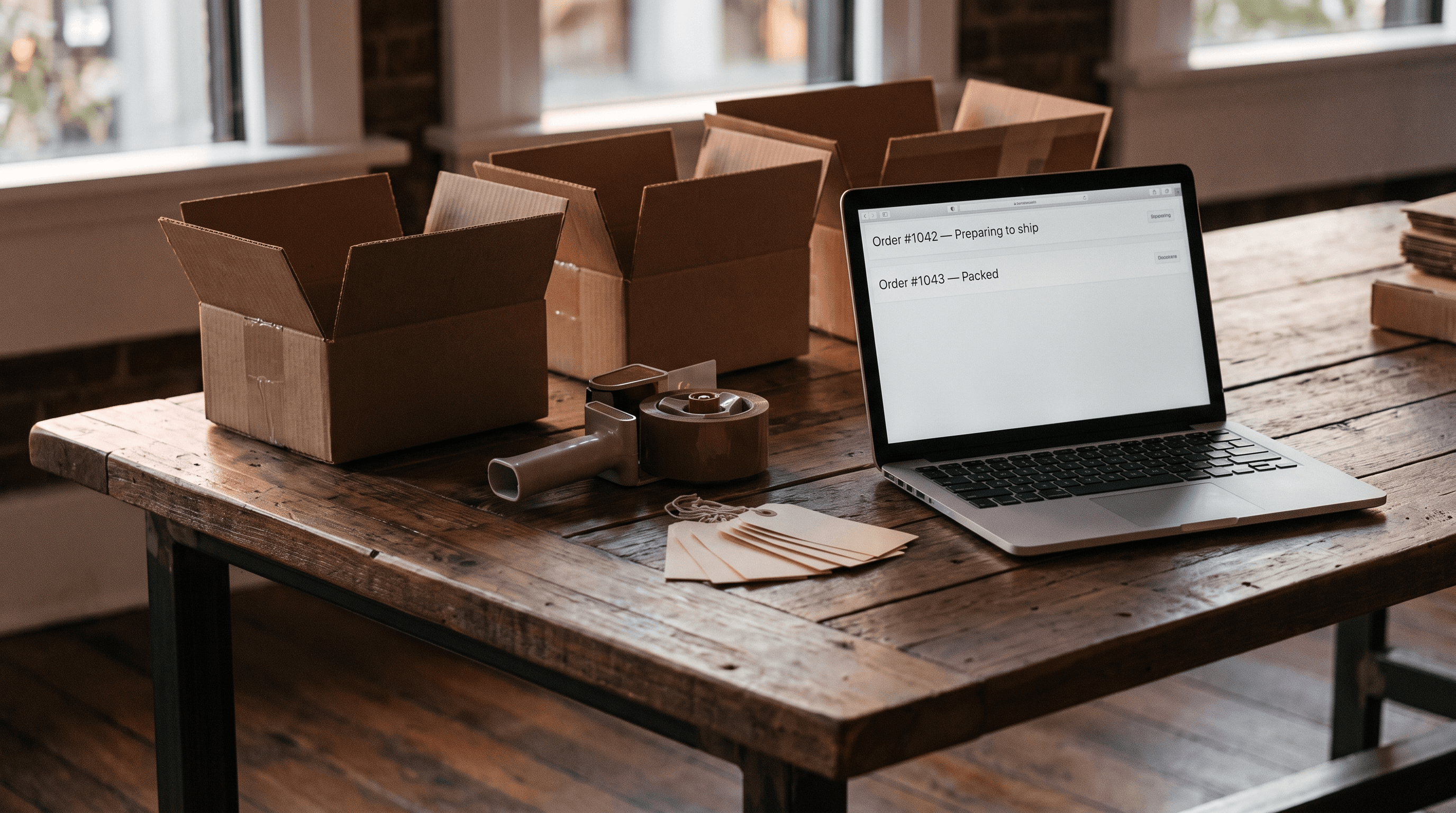 A small ecommerce packing station at golden hour with shipping boxes, packing tape and a laptop showing a simple orders list, illustrating ecommerce website development cost