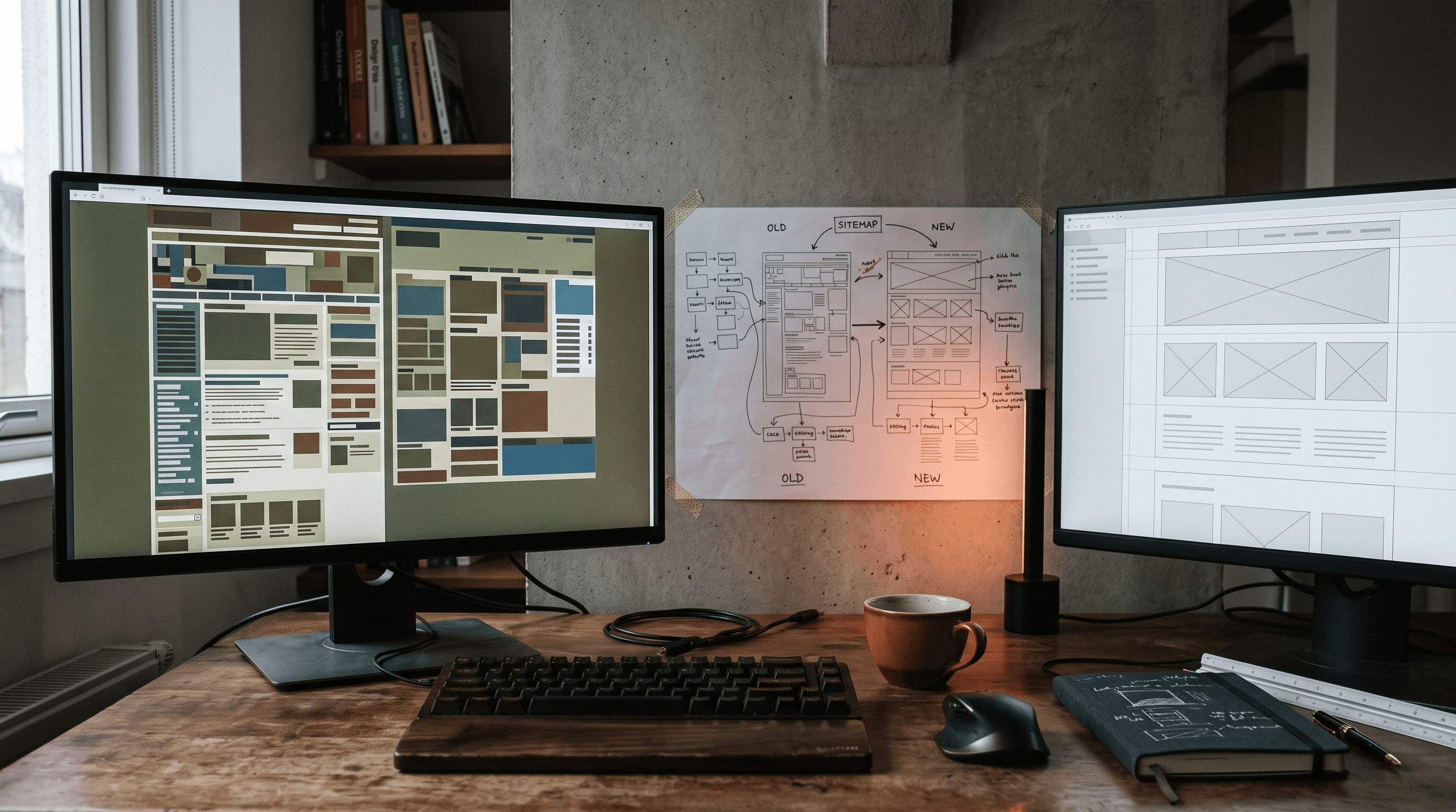 A designer's desk mid website redesign checklist, one monitor showing a cluttered old layout and the other a clean wireframe grid, with a printed sitemap on the wall