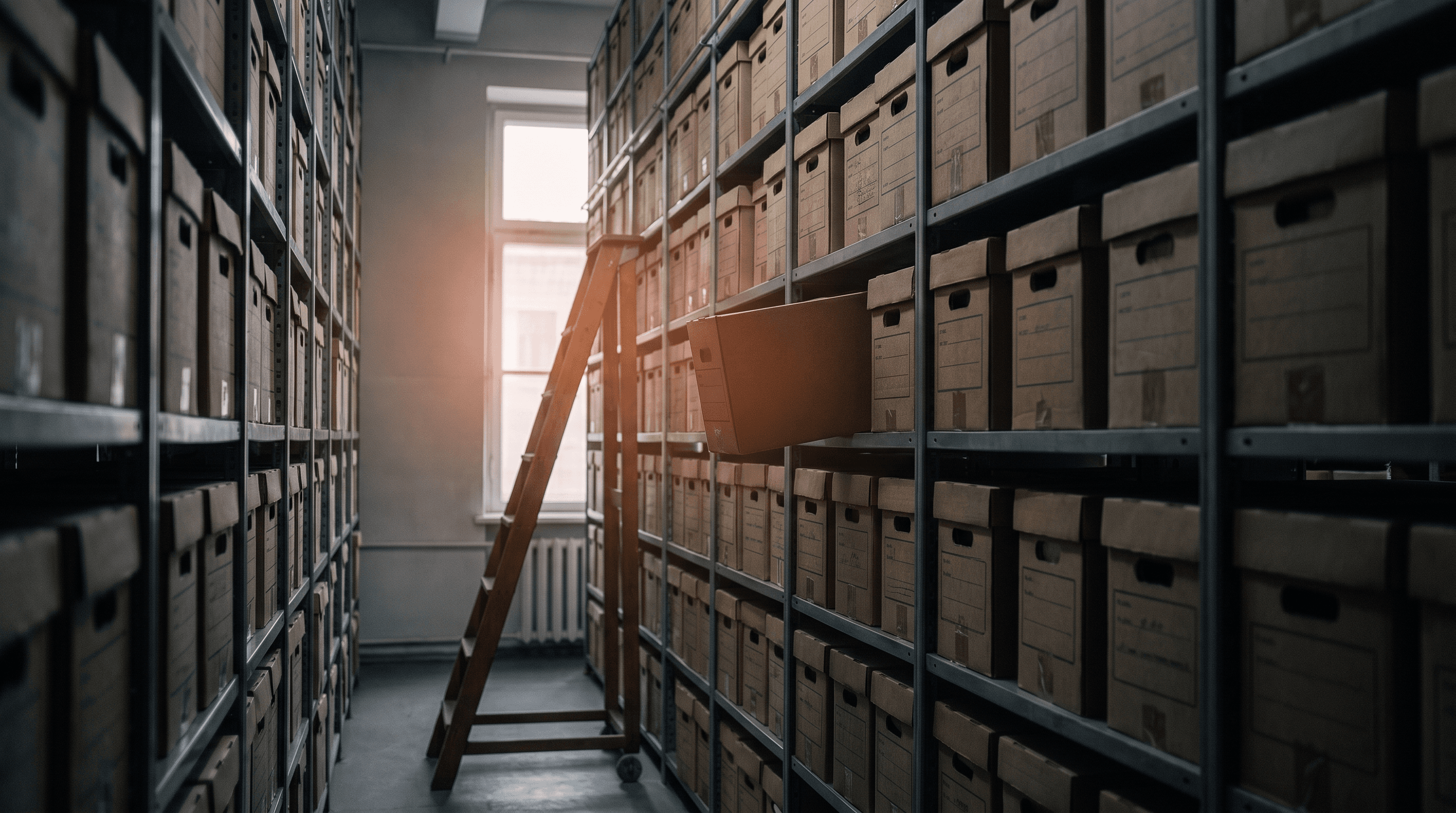 A records archive room of shelved boxes with one pulled out, illustrating what the best CMS for SEO is really doing underneath the marketing