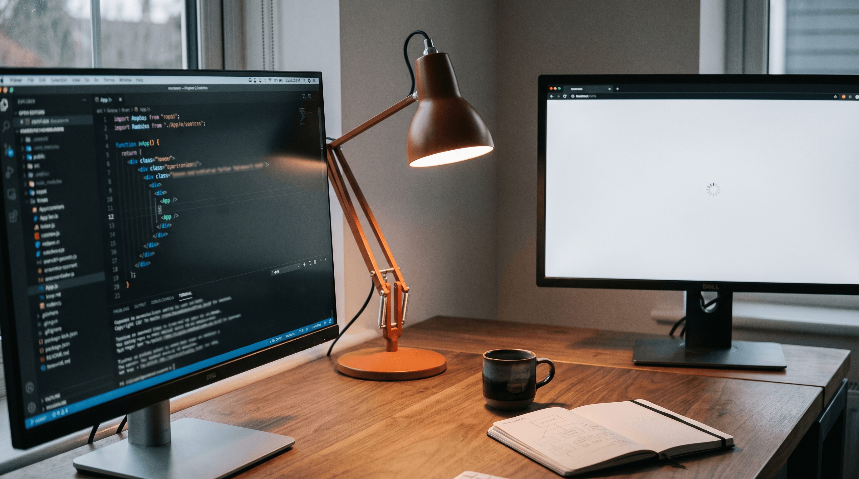 A developer's desk with a code editor and a browser showing a blank loading screen, illustrating the react seo problem before a page finishes rendering