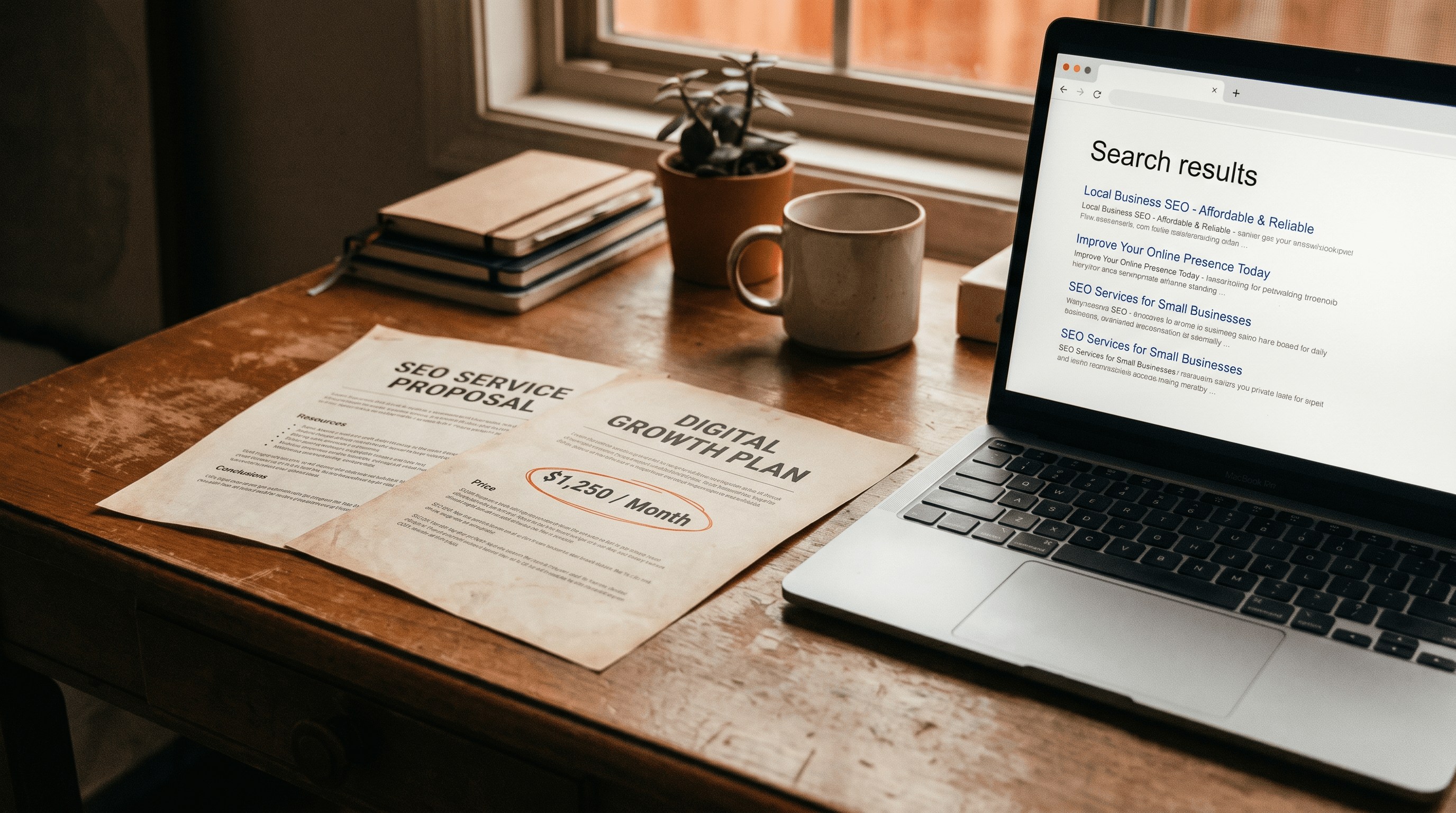 Two printed SEO proposals side by side on a desk next to a laptop, the kind of comparison behind the question is seo worth it