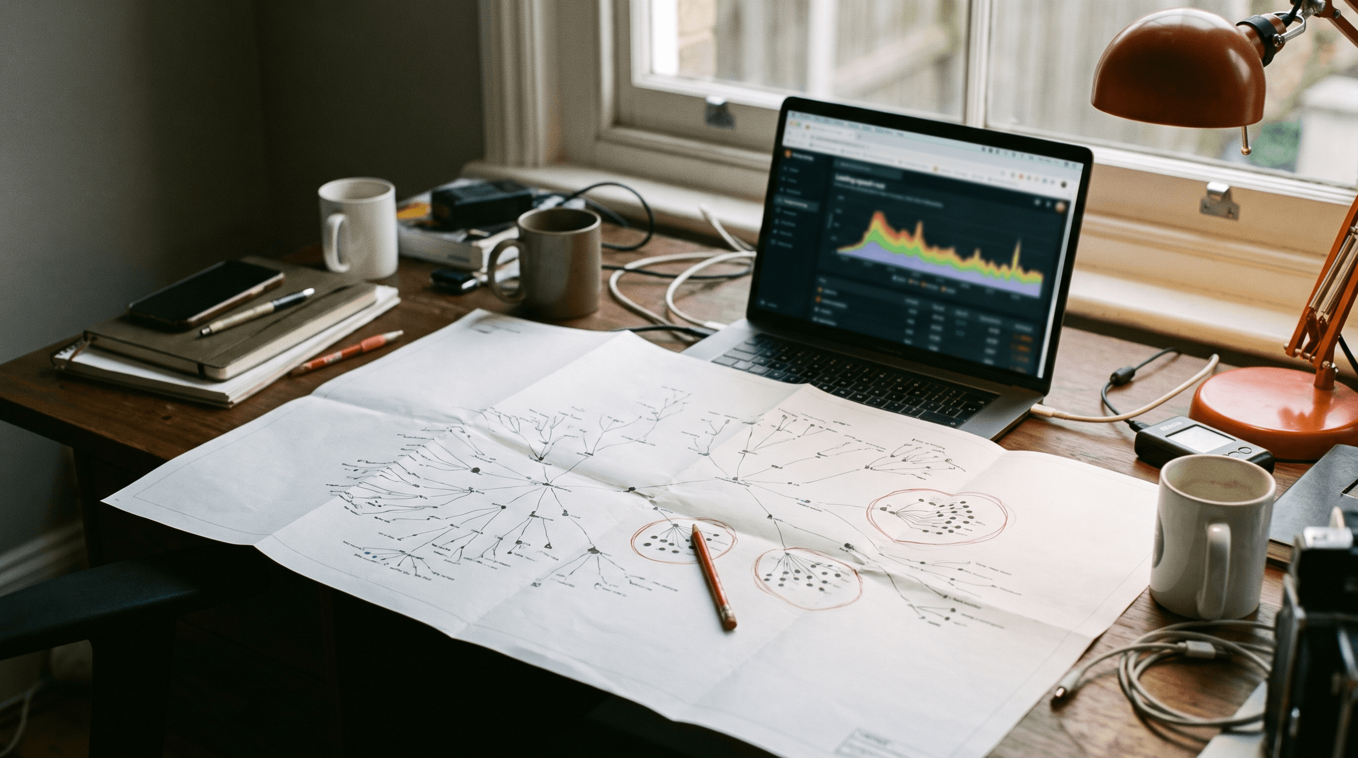A printed sitewide crawl map covered in red circles next to a laptop showing a loading-speed graph, the real shape of a technical seo audit checklist