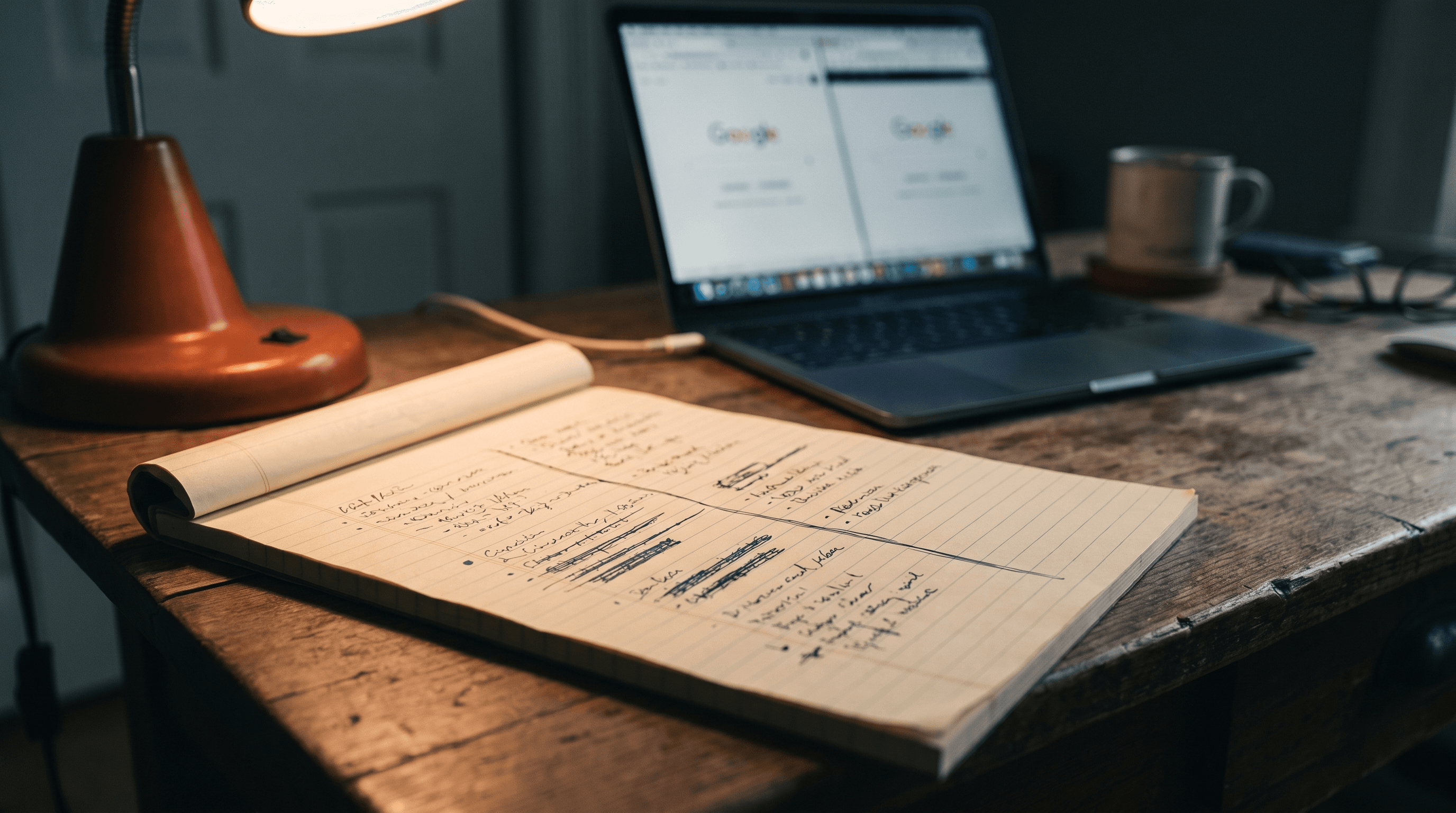 A legal pad split down the middle in two colors of ink comparing wix vs squarespace, a laptop blurred in the background showing two browser tabs