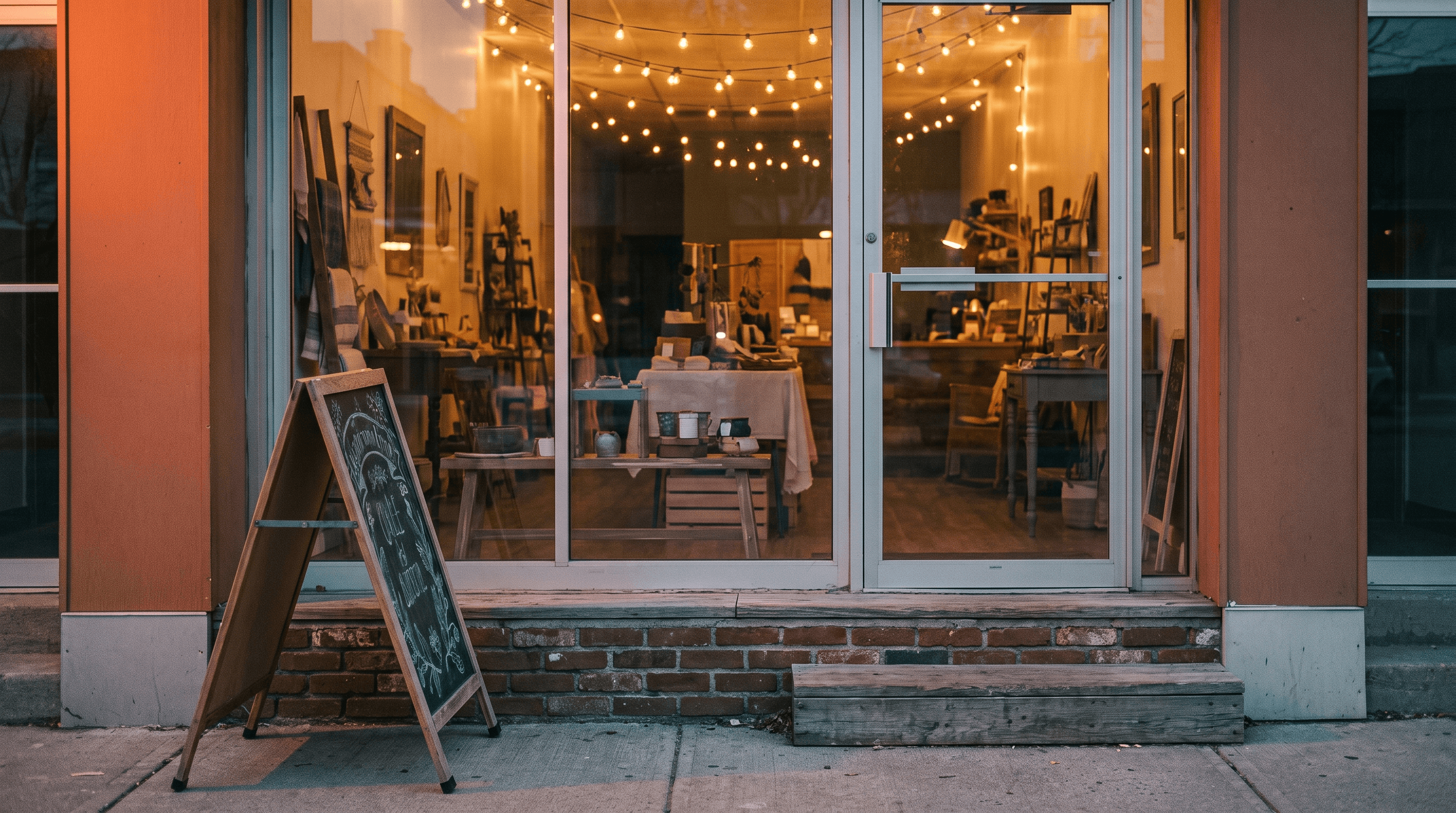A small independent shop's storefront glowing at dusk, the real business behind every local seo for small business profile online
