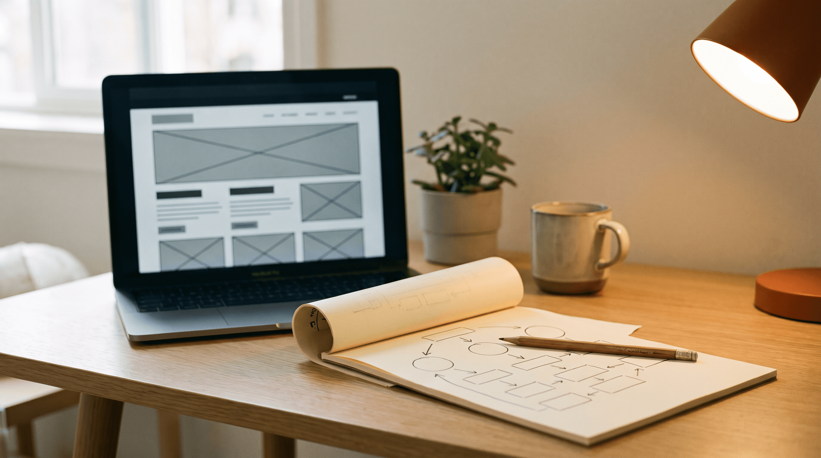 A web designer's desk with a wireframe sketch and a laptop mockup, illustrating what does a web designer do before any code gets written