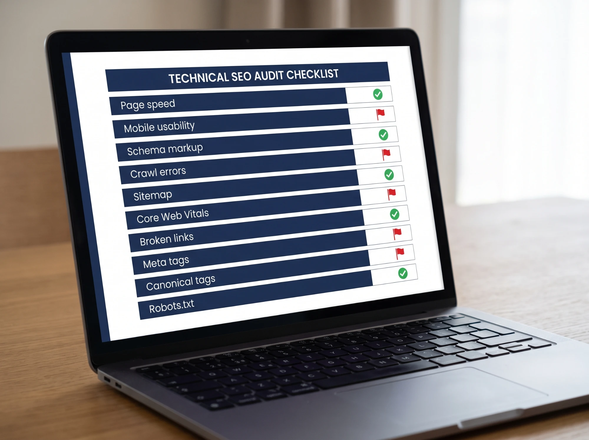 A laptop showing a technical SEO audit checklist, some rows passing and some flagged