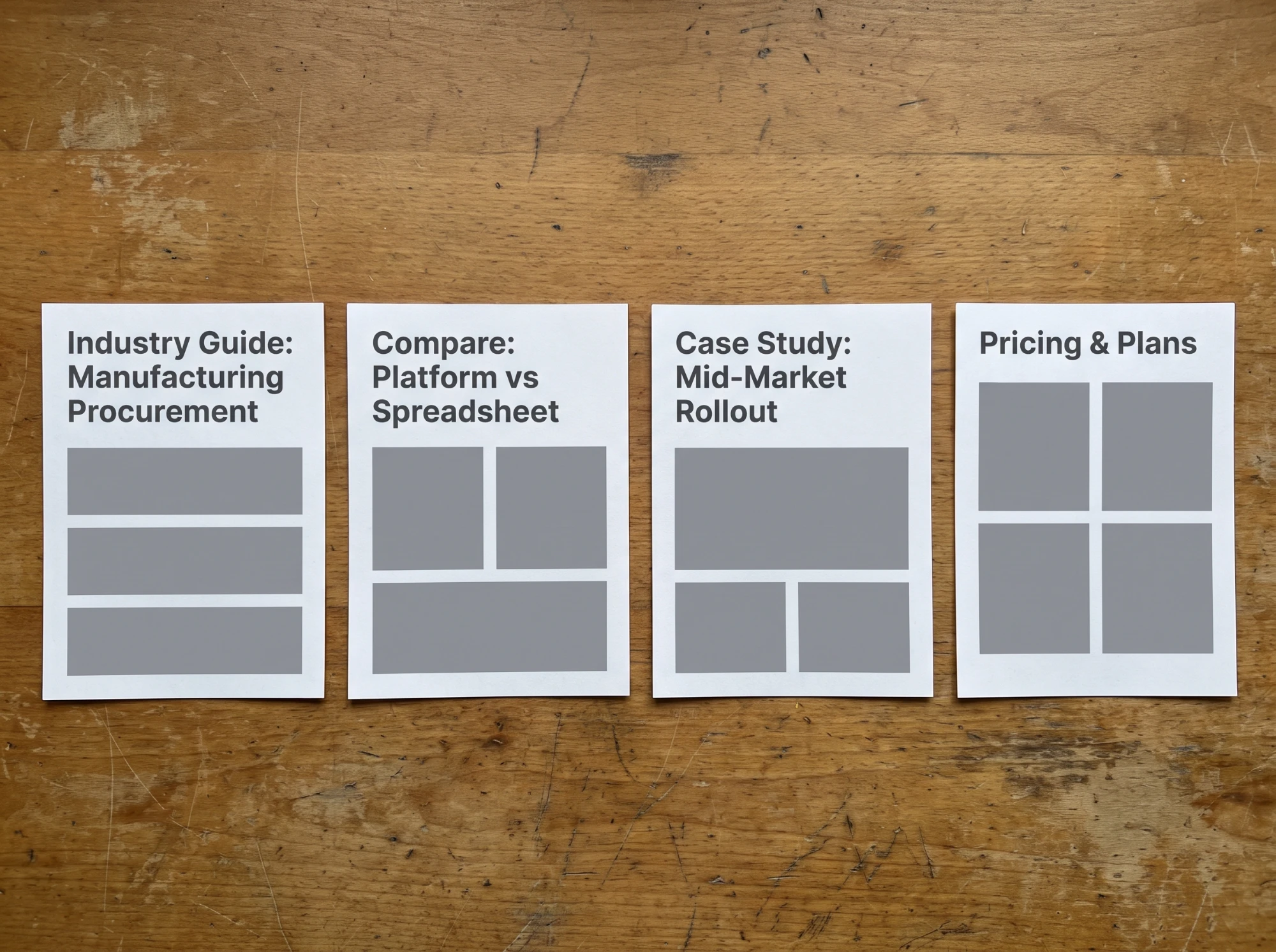 Four printed B2B content pages: an industry guide, a comparison page, a case study and a pricing page