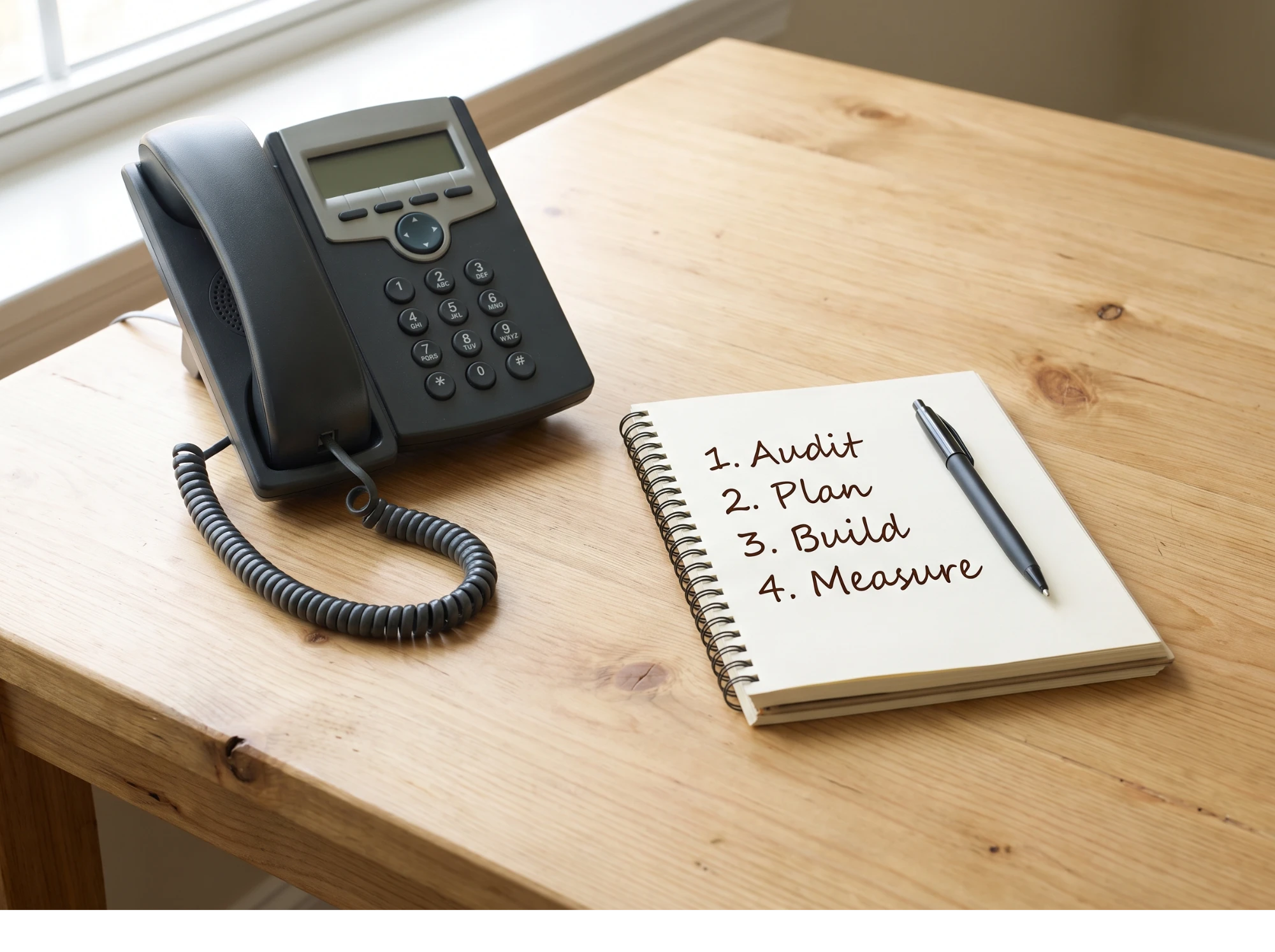 A desk phone resting in its cradle beside a notepad listing audit, plan, build and measure