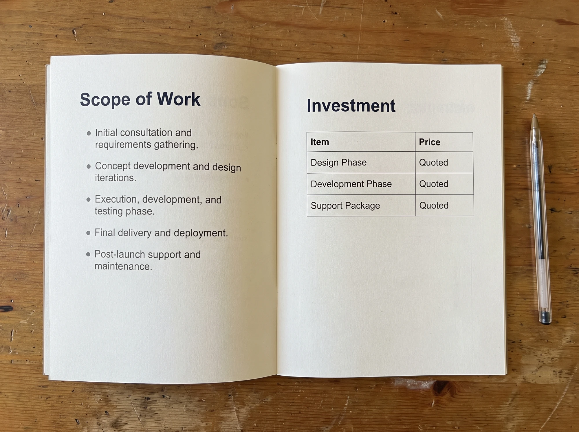A printed proposal open on a desk, scope of work on one page and the investment table on the other
