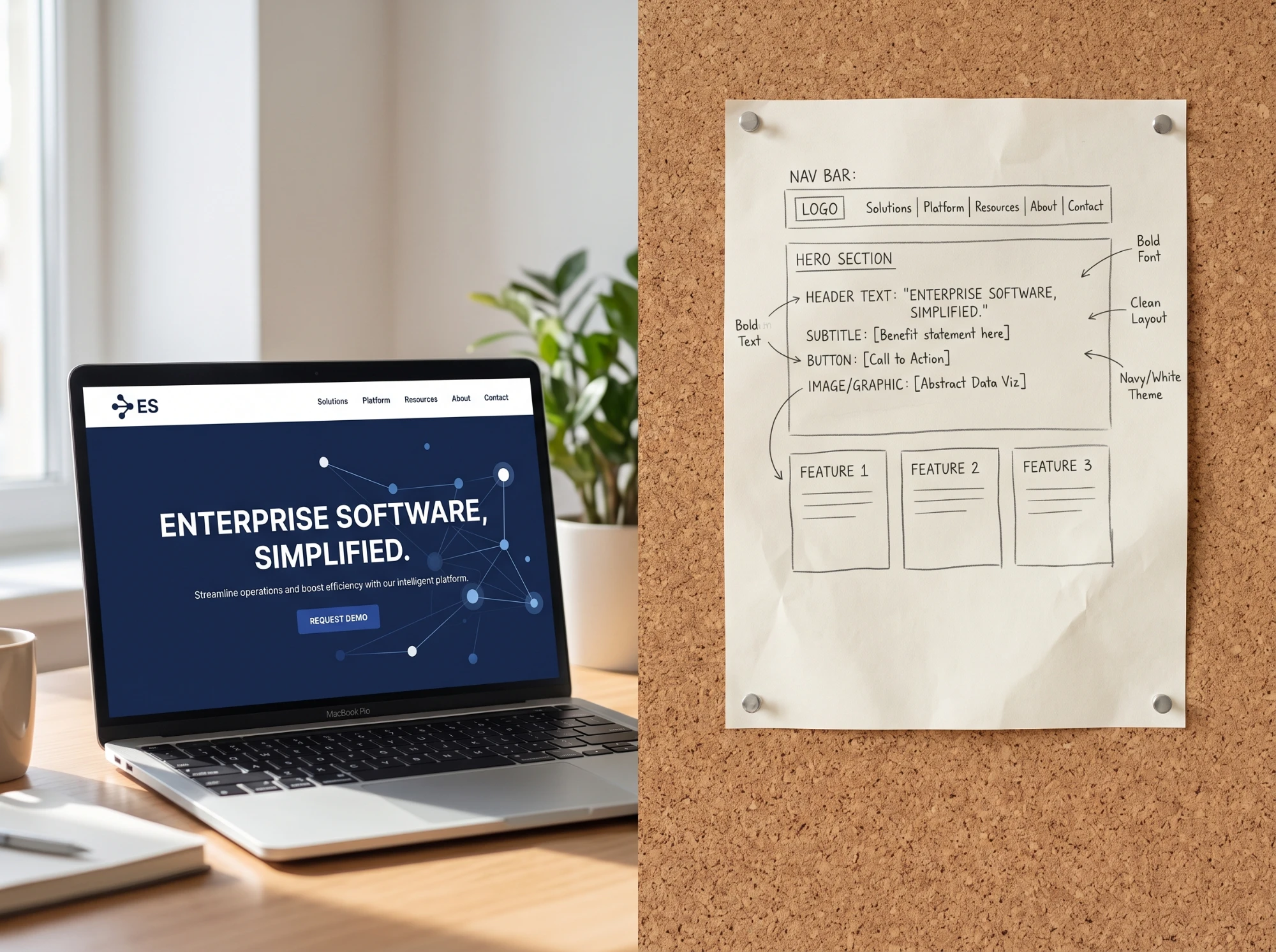 A laptop showing a finished B2B company website beside the paper wireframe it came from