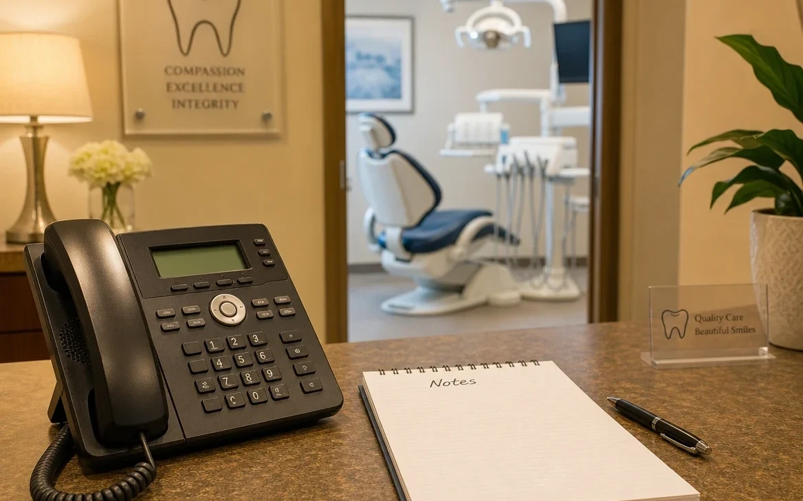 A dental practice front desk phone resting in its cradle beside a notepad