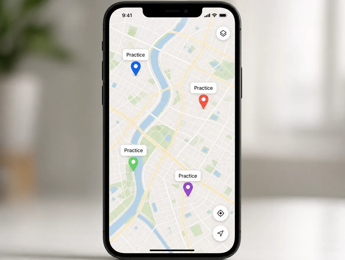 A phone showing a map with four dental practice location pins on it