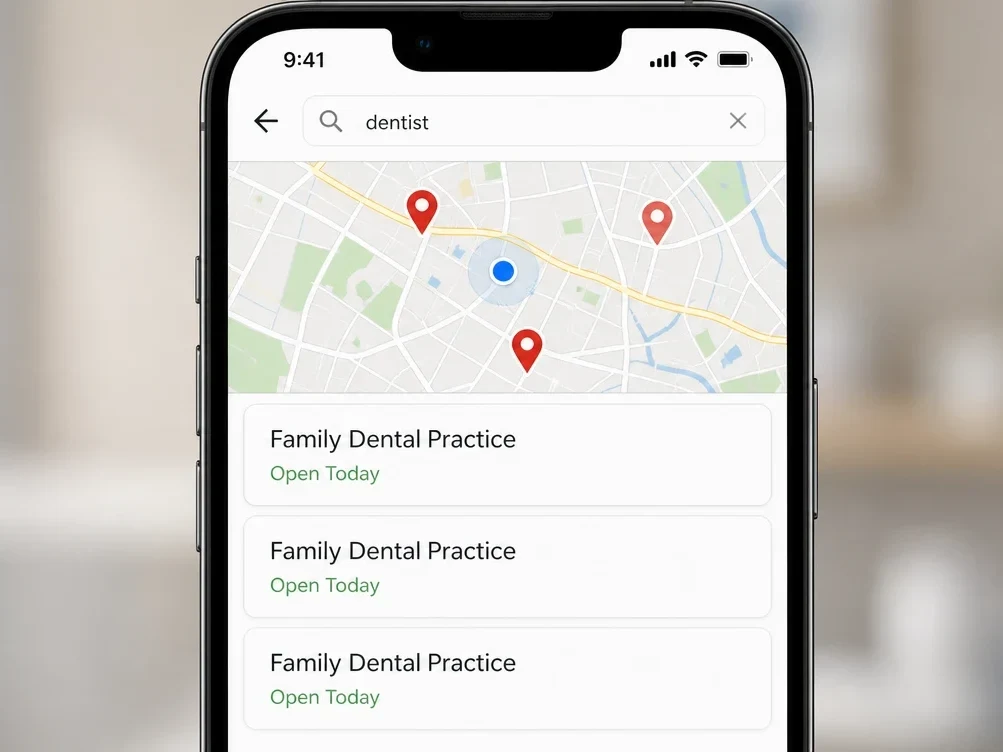 A phone showing search results for a dentist, with a map and three practice listings