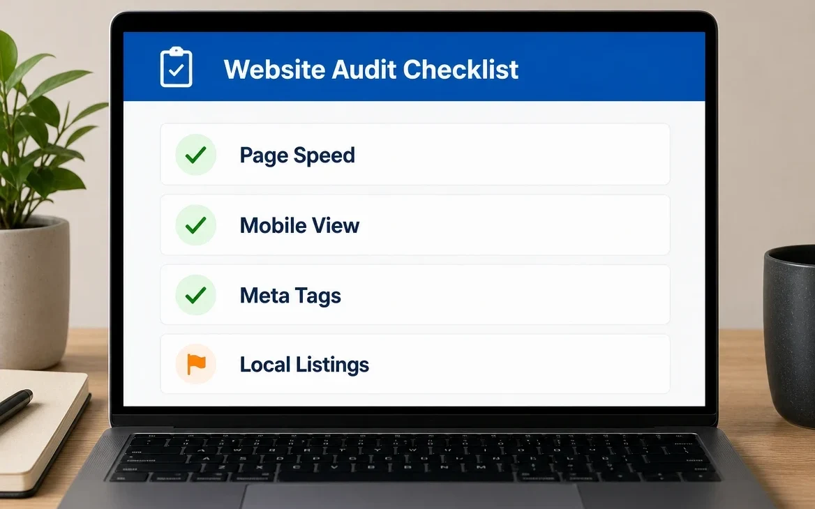 A laptop showing a site audit checklist: Page Speed, Mobile View, Meta Tags, Local Listings