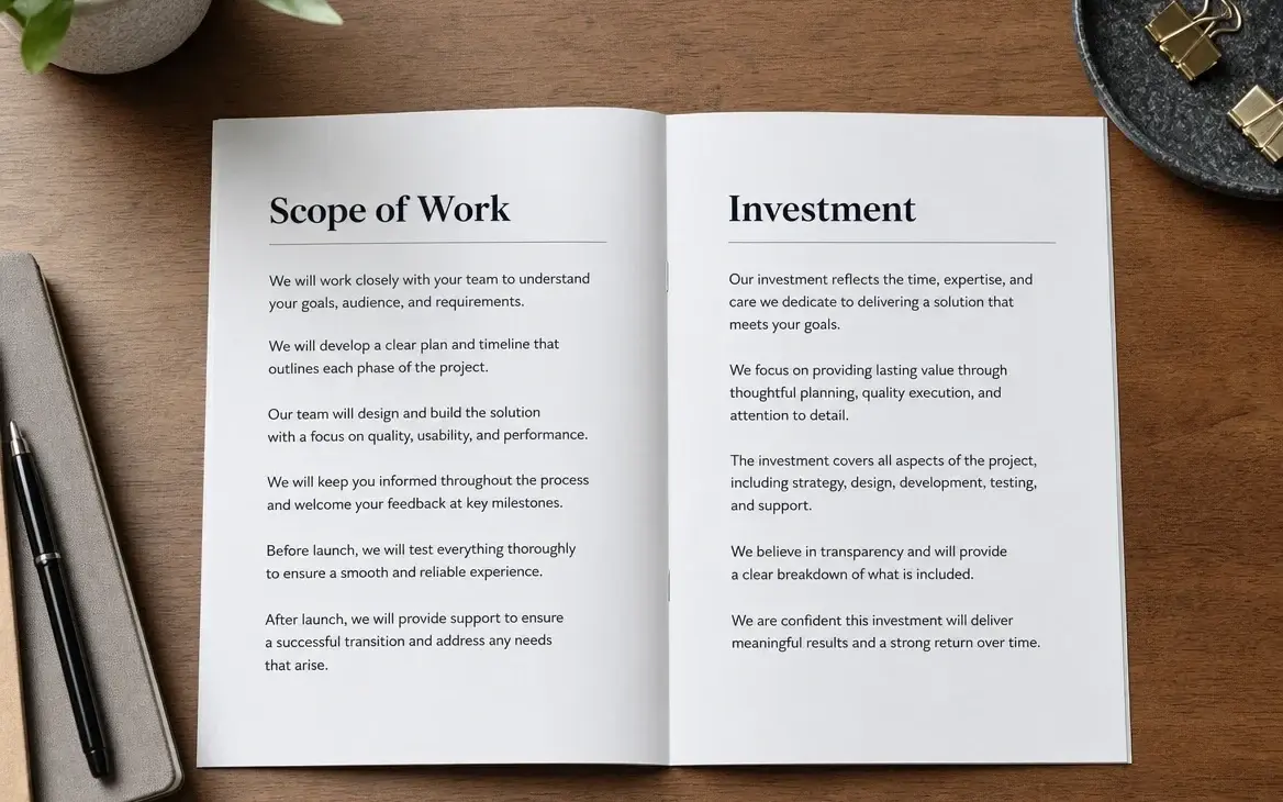 A printed proposal open on a desk, Scope of Work on one page and Investment on the other
