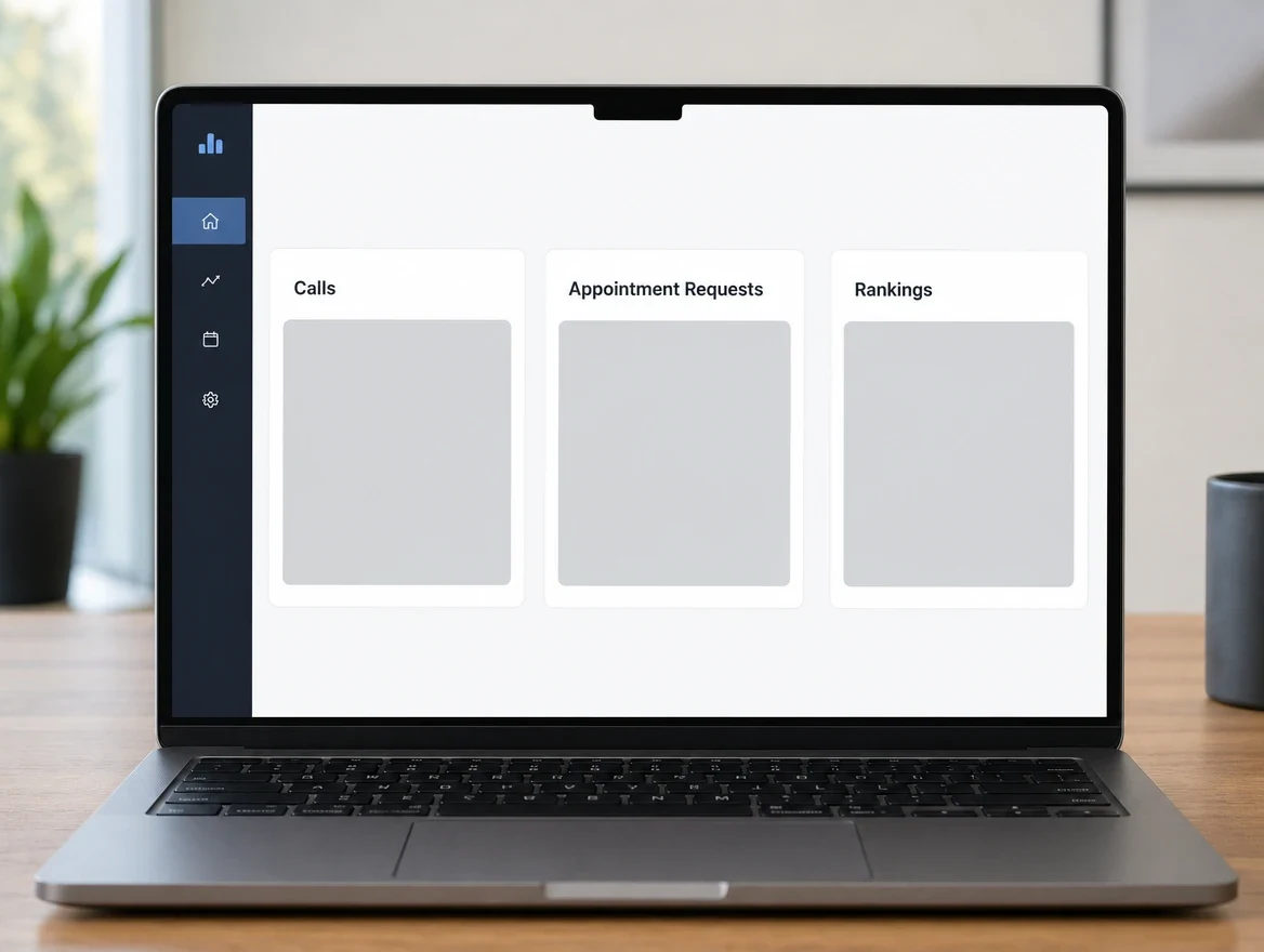A laptop showing a reporting dashboard with labeled panels for calls, appointment requests and rankings