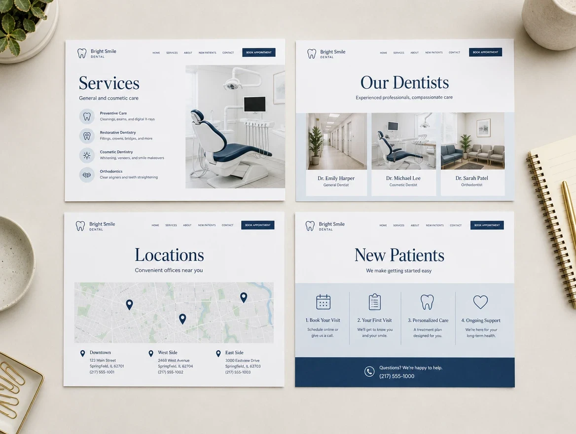 Four printed website page mockups labeled Services, Our Dentists, Locations and New Patients