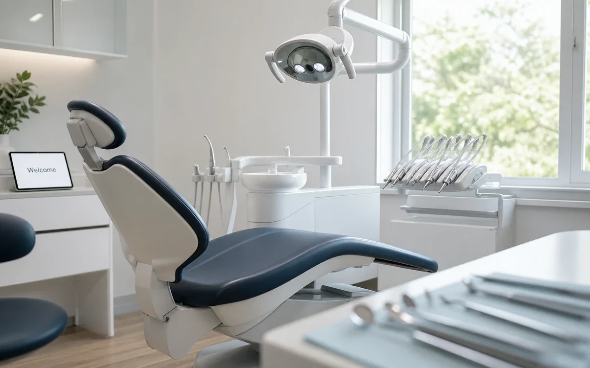 An empty, modern dental treatment room with a reclined dental chair and a tablet check-in screen