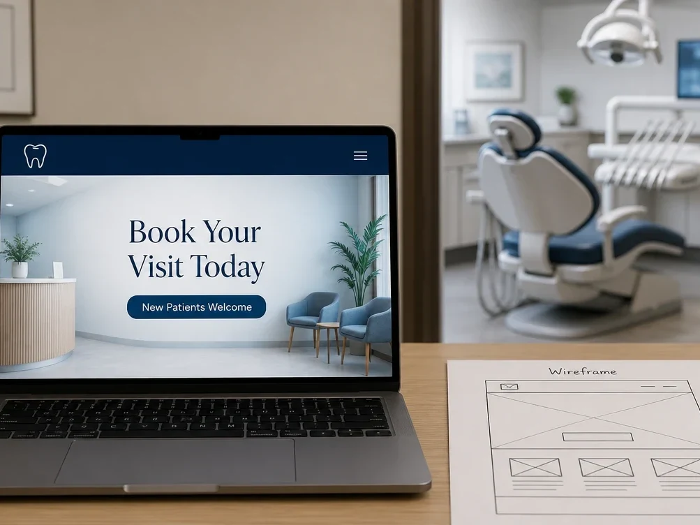 A laptop showing a finished dental practice website beside the paper wireframe it came from