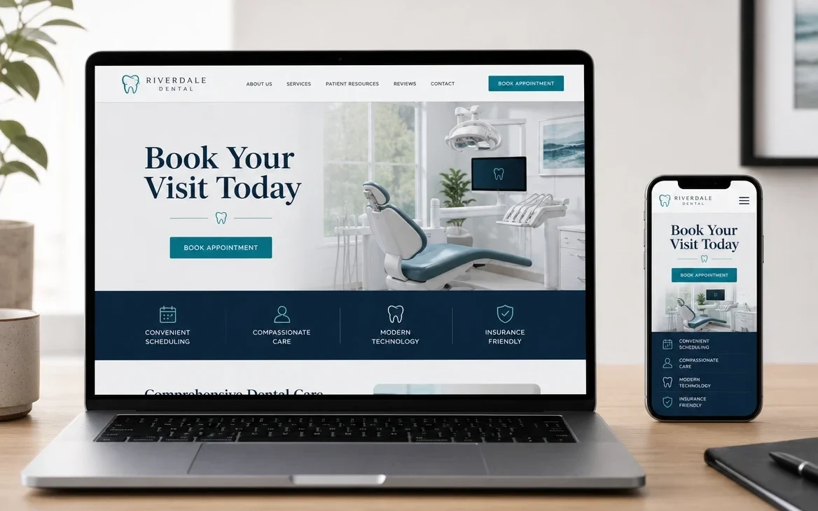 A laptop and phone showing the same finished dental practice website on both screens
