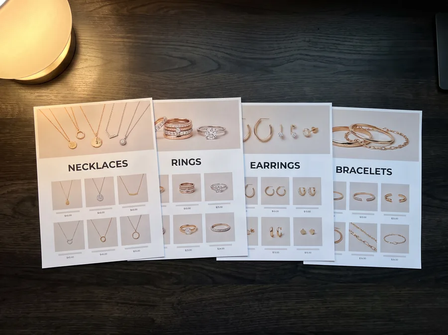 Four printed category pages: necklaces, rings, earrings, bracelets