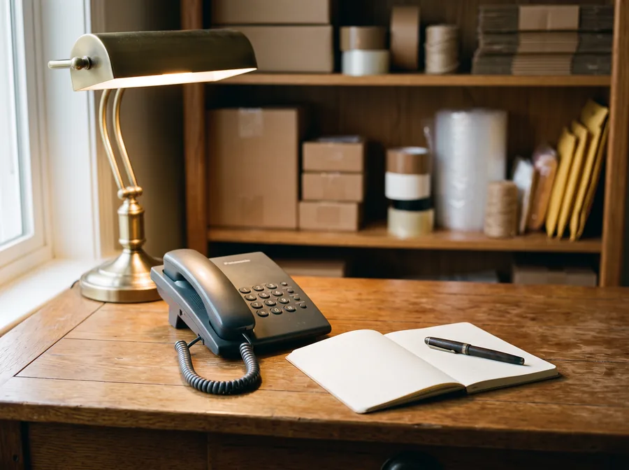 A desk phone resting in its cradle beside a notepad, packing supplies on the shelf behind