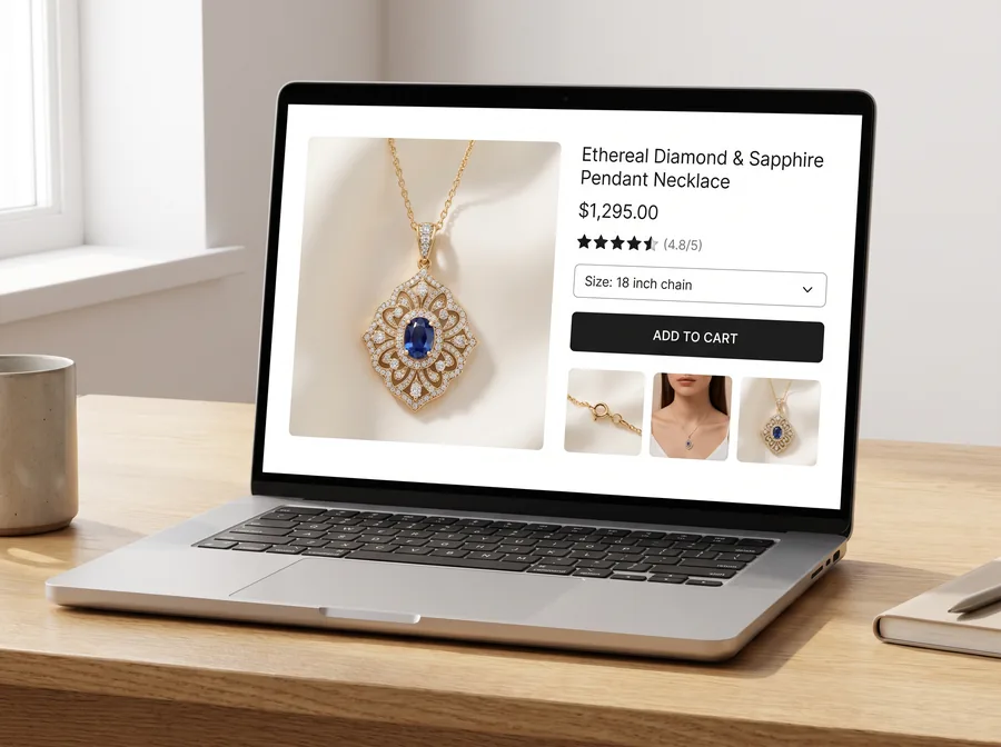 A laptop showing a single product page with price, rating and an add-to-cart button