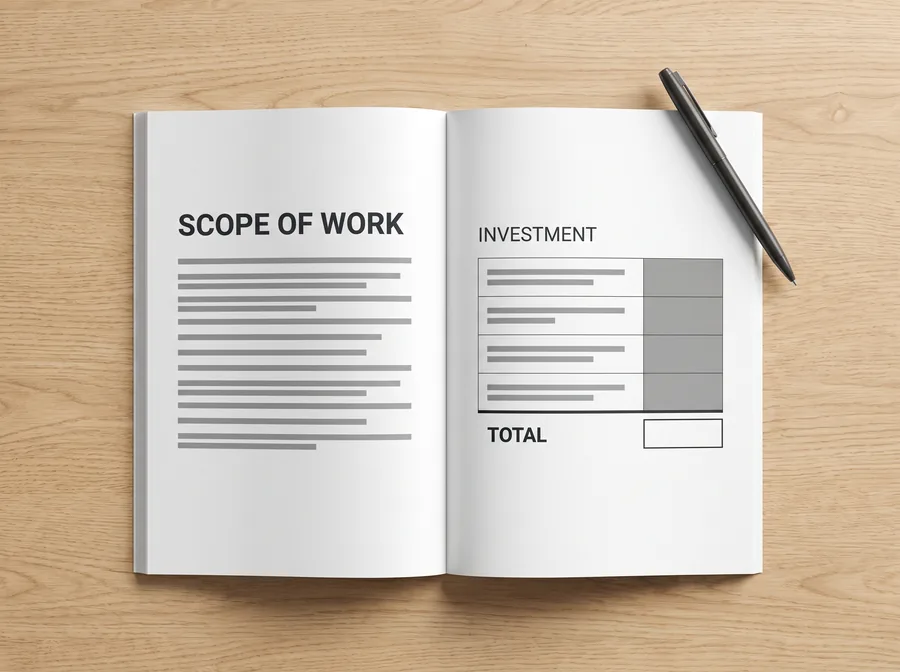 A printed proposal open on a desk, scope of work on one page and the investment table on the other