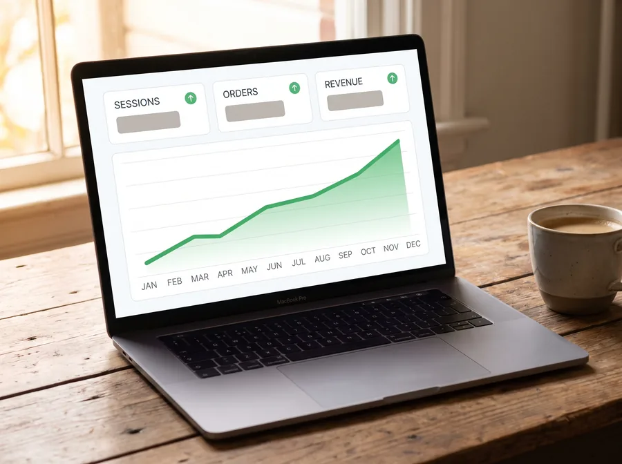 A laptop showing a reporting dashboard with sessions, orders and revenue tracked month by month