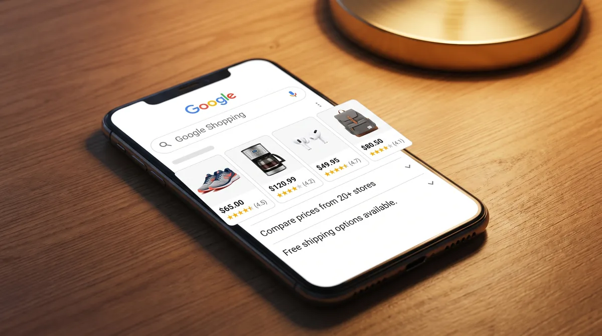 A phone showing shopping search results, product prices side by side