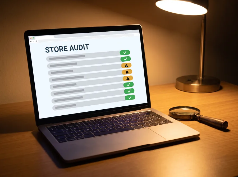 A laptop showing a store audit checklist, some rows passing and some flagged