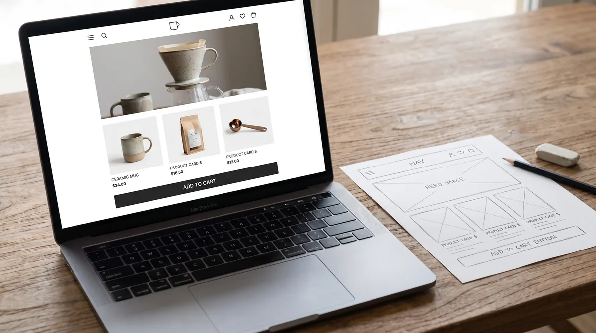 A laptop showing a finished online store beside the paper wireframe it came from