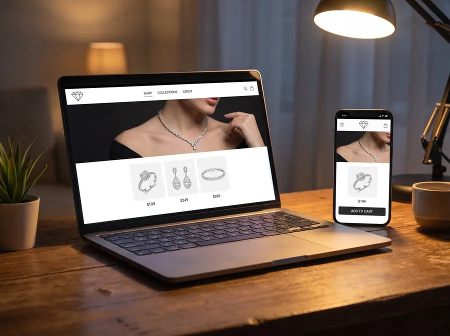 A laptop and phone showing the same finished online store on both screens