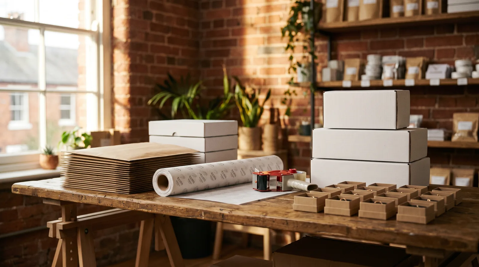 A packing bench in a small studio: shipping boxes, mailers and kraft tape ready for the day