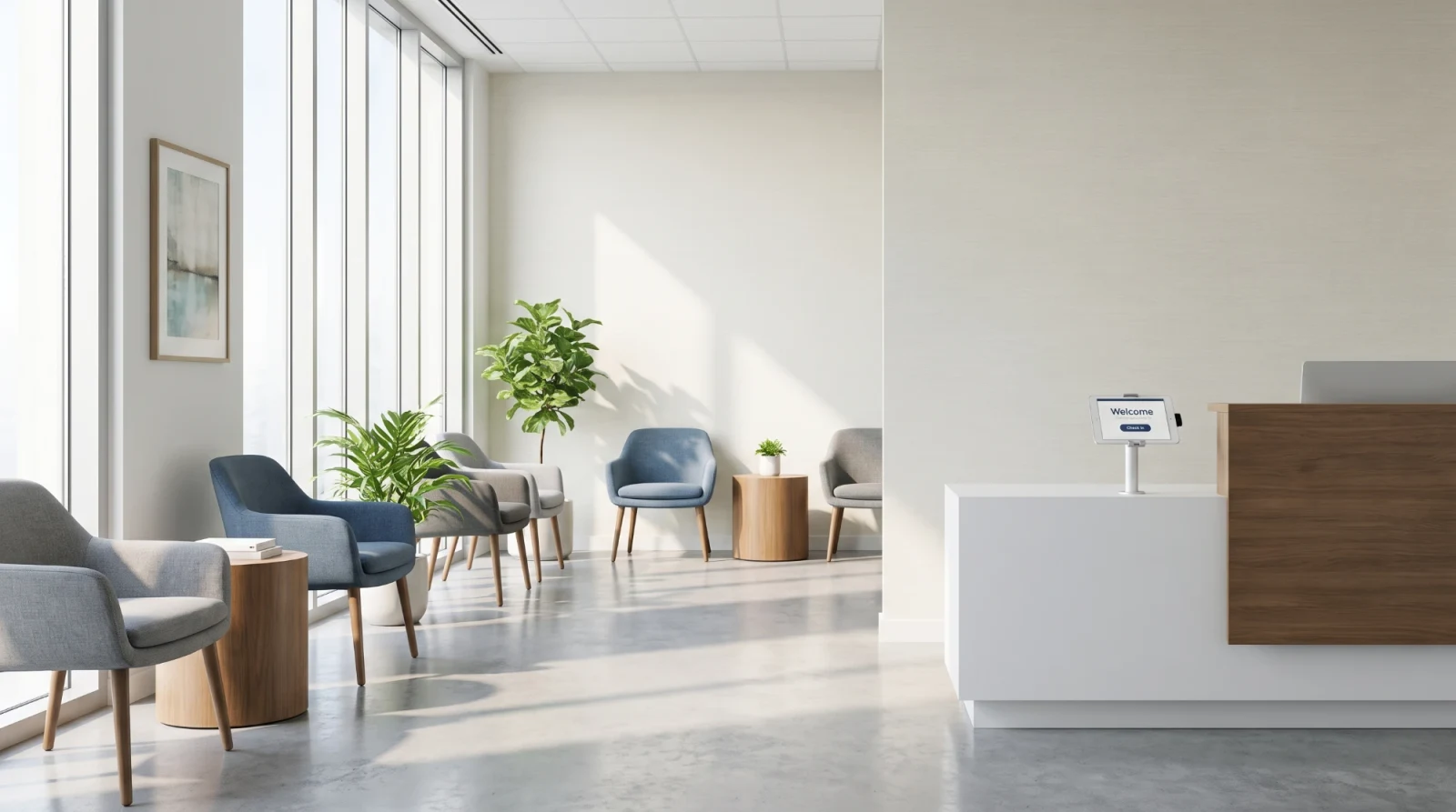 An empty, modern medical clinic waiting area with natural light and a tablet check-in screen at the reception desk