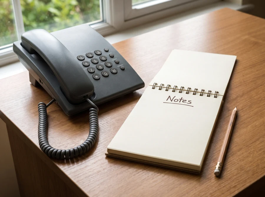 A desk phone resting in its cradle beside a notepad