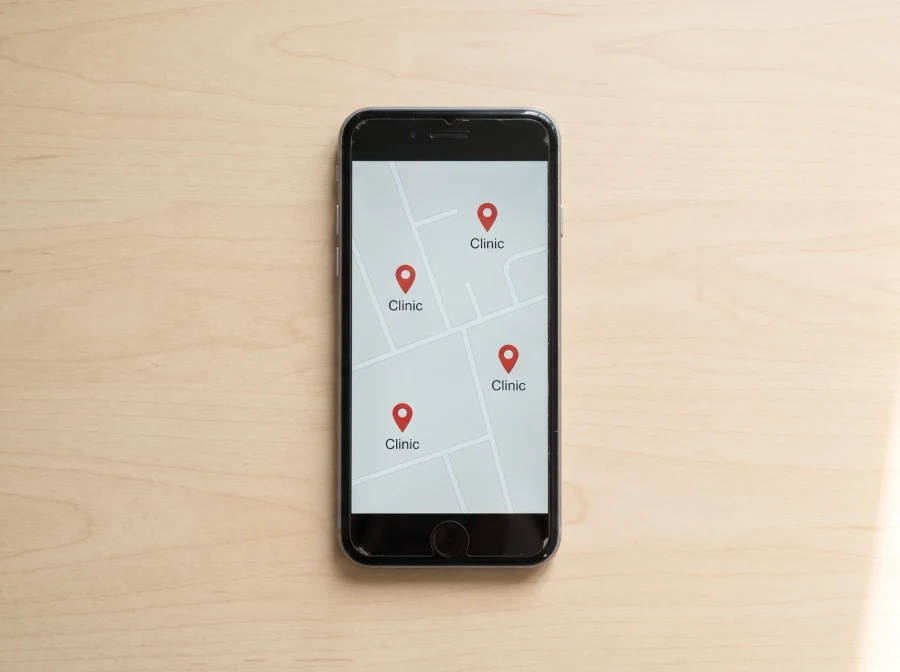 A phone showing a map with four clinic location pins on it