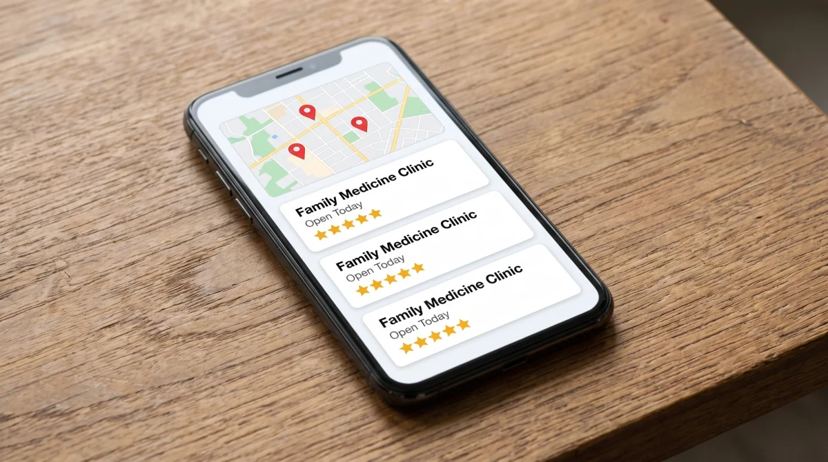 A phone showing search results for a doctor's office, with a map and three practice listings