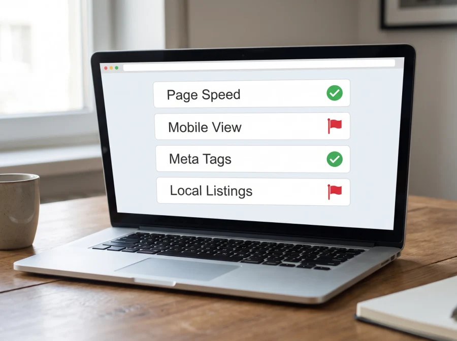 A laptop showing a site audit checklist with Page Speed, Mobile View, Meta Tags and Local Listings, some rows passing and some flagged