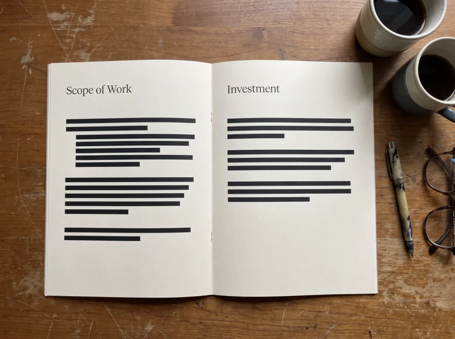A printed proposal open on a desk, Scope of Work on one page and Investment on the other