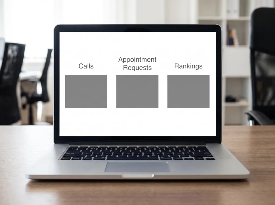 A laptop showing a reporting dashboard with labeled panels for calls, appointment requests and rankings