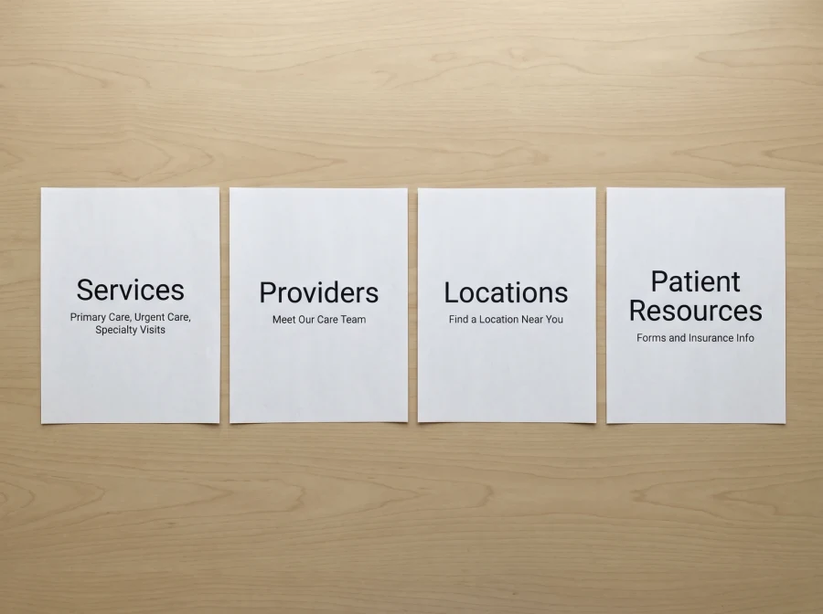Four printed website page mockups labeled Services, Providers, Locations and Patient Resources