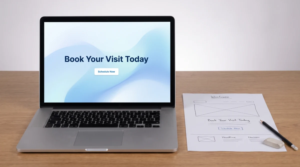 A laptop showing a finished medical practice website beside the paper wireframe it came from