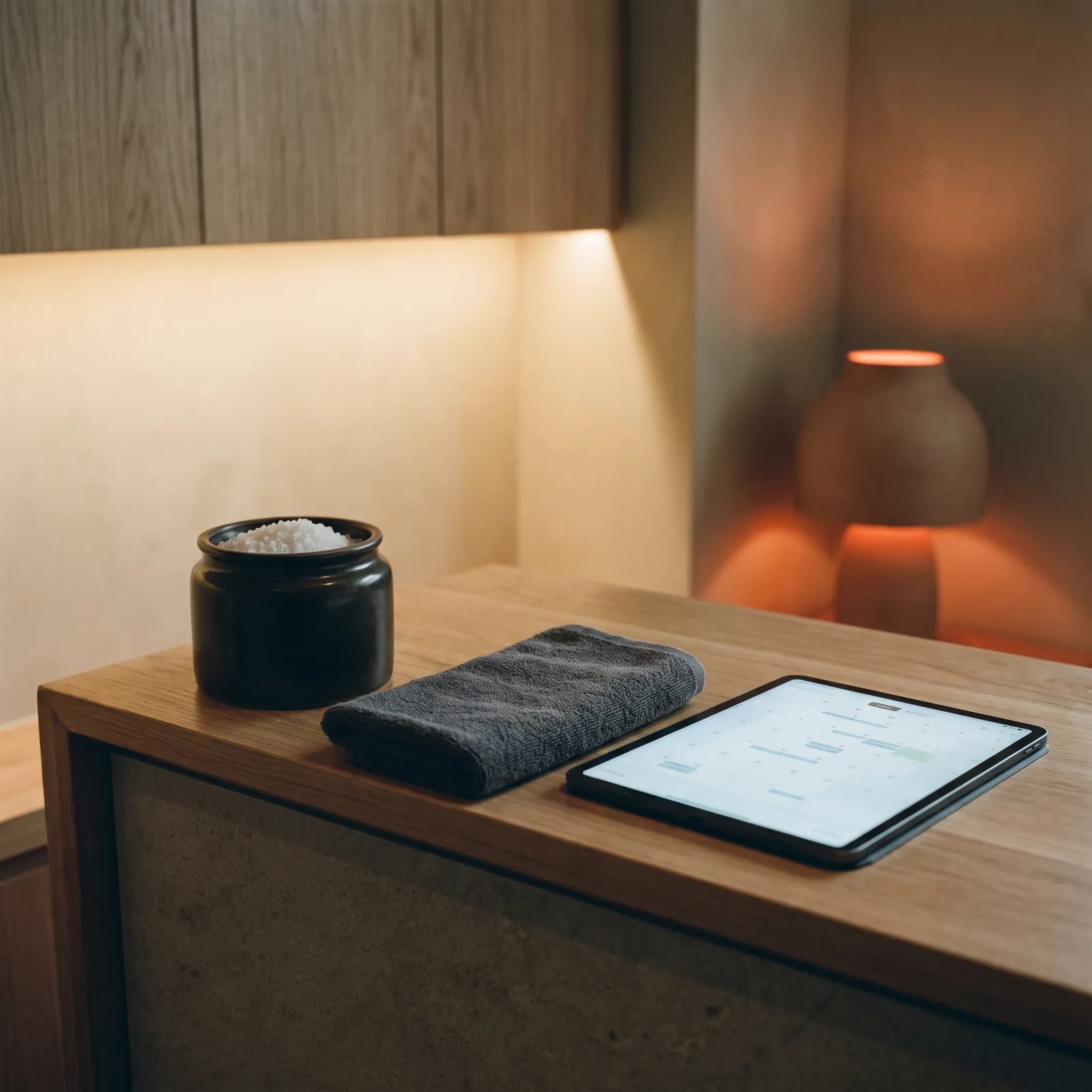 Float tank spa reception counter with a tablet showing the online booking calendar