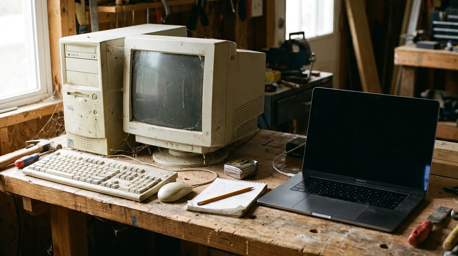 An old beige desktop computer beside a modern laptop, weighing website redesign cost against ongoing maintenance