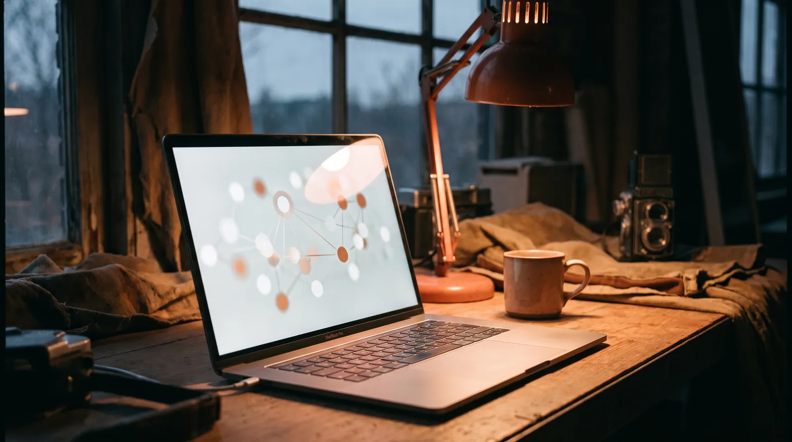 Laptop glowing at dusk with an abstract network diagram on screen, representing the structured data behind web design and SEO